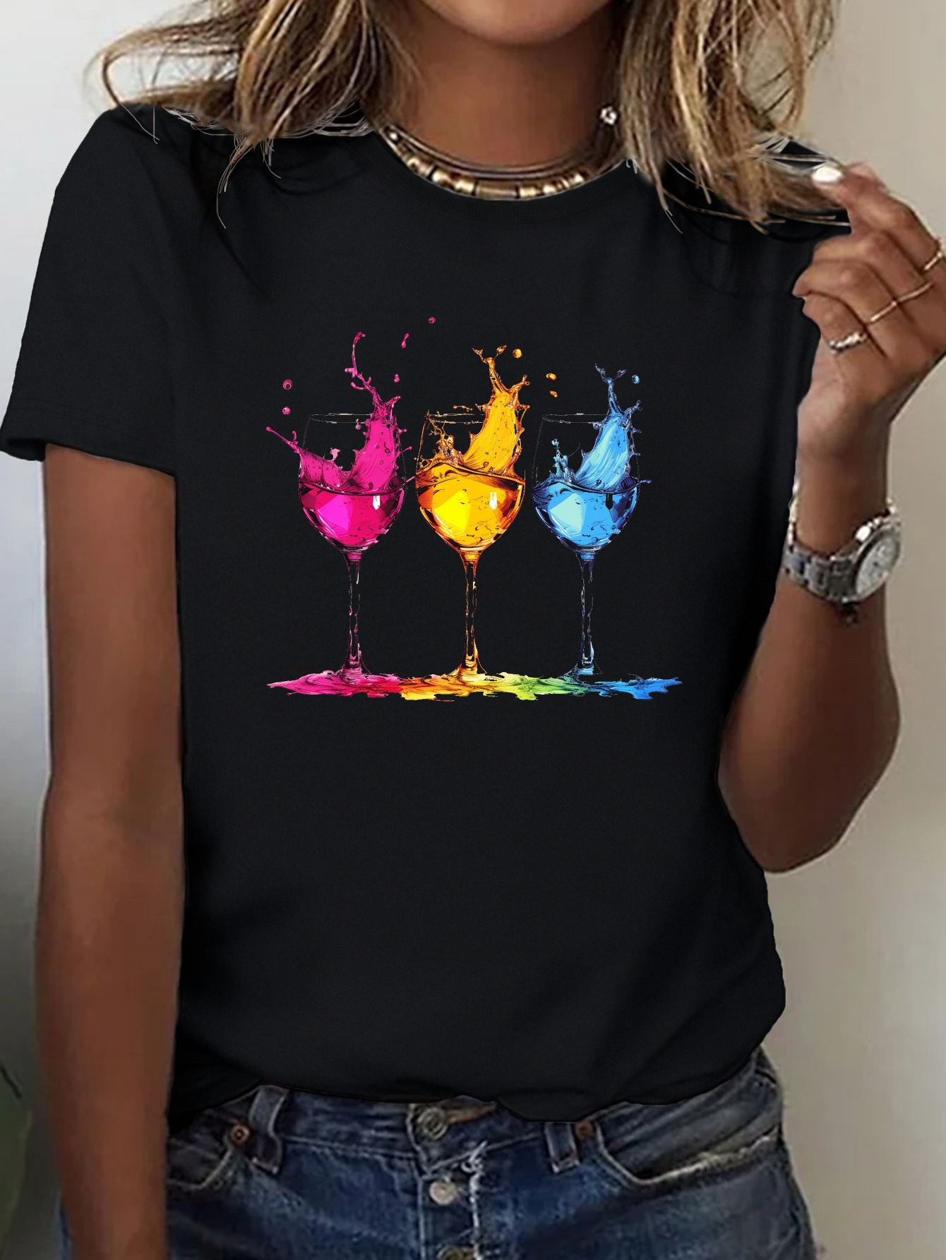 Wine Or Beer - Wine Glasses Print Crew Neck T-shirt